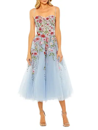 Mac Duggal Women's Cocktail Floral Embroidered Tulle Midi-Dress - Powder Blue - Size 16 | Thumbnail 1 Mac Duggal Women's Cocktail Floral Embroidered Tulle Midi-Dress - Powder Blue - Size 16 | Thumbnail 1