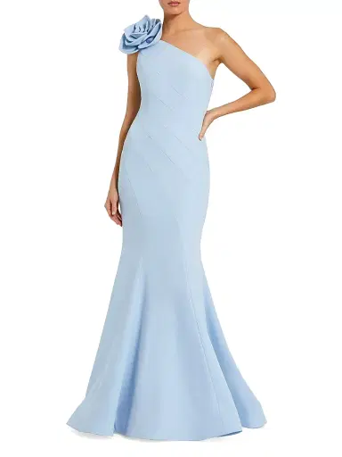 Mac Duggal Women's Flower-Detailed Crepe One-Shoulder Mermaid Gown - Powder Blue - Size 14 | Thumbnail 1 Mac Duggal Women's Flower-Detailed Crepe One-Shoulder Mermaid Gown - Powder Blue - Size 14 | Thumbnail 1