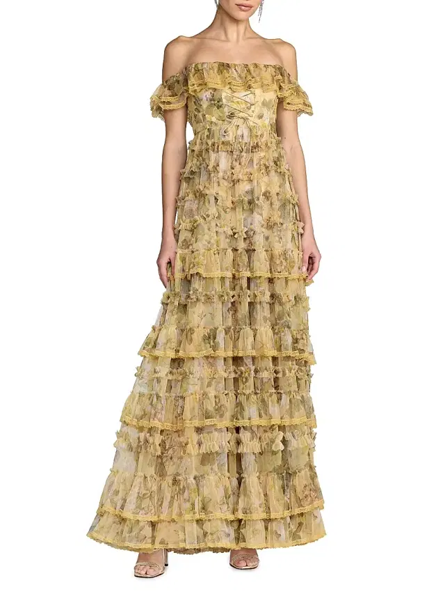 Women's Floral Tiered Off-The-Shoulder Gown - Buttercream Women's Floral Tiered Off-The-Shoulder Gown - Buttercream