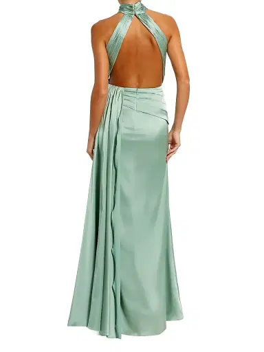 Mac Duggal Women's Halterneck Open-Back Satin Gown - Sage | Thumbnail 2 Mac Duggal Women's Halterneck Open-Back Satin Gown - Sage | Thumbnail 2