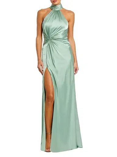 Mac Duggal Women's Halterneck Open-Back Satin Gown - Sage | Thumbnail 1 Mac Duggal Women's Halterneck Open-Back Satin Gown - Sage | Thumbnail 1