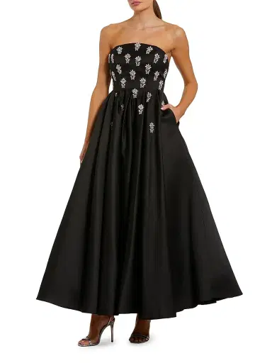 Mac Duggal Women's Embellished Satin Strapless Tea-Length Dress - Black - Size 16 | Thumbnail 1 Mac Duggal Women's Embellished Satin Strapless Tea-Length Dress - Black - Size 16 | Thumbnail 1