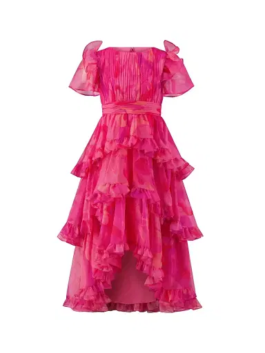 Mac Duggal Little Girl's & Girl's Floral Ruffled High-Low Dress - Hibiscus Multi | Thumbnail 1 Mac Duggal Little Girl's & Girl's Floral Ruffled High-Low Dress - Hibiscus Multi | Thumbnail 1