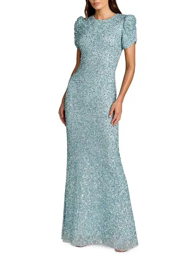 Mac Duggal Women's Beaded Short-Sleeve Gown - Powder Blue | Thumbnail 1 Mac Duggal Women's Beaded Short-Sleeve Gown - Powder Blue | Thumbnail 1