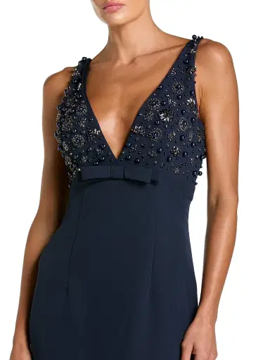 Mac Duggal Women's Crêpe Floral Beaded Bow A-Line Gown | Thumbnail 3 Mac Duggal Women's Crêpe Floral Beaded Bow A-Line Gown | Thumbnail 3