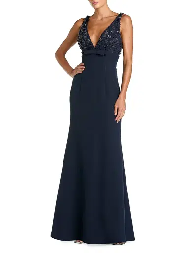 Mac Duggal Women's Crêpe Floral Beaded Bow A-Line Gown | Thumbnail 1 Mac Duggal Women's Crêpe Floral Beaded Bow A-Line Gown | Thumbnail 1