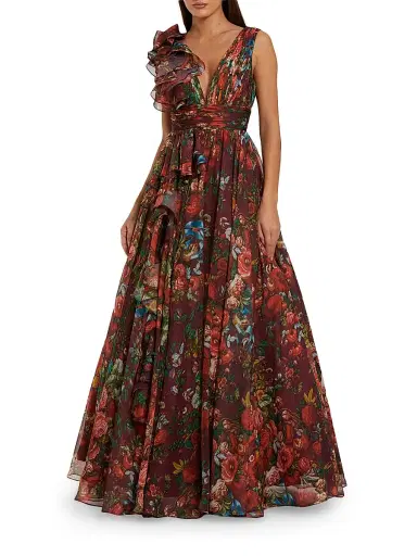 Mac Duggal Women's Floral Chiffon Ruffled V-Neck Gown - Wine Multi - Size 16 | Thumbnail 1 Mac Duggal Women's Floral Chiffon Ruffled V-Neck Gown - Wine Multi - Size 16 | Thumbnail 1