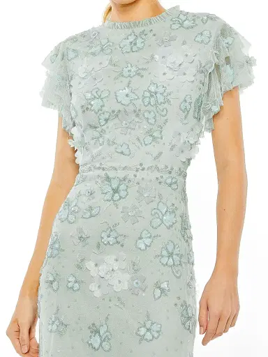 Mac Duggal Women's High Neck Flutter-Sleeve Floral Embellished Gown - Periwinkle - Size 2 | Thumbnail 3 Mac Duggal Women's High Neck Flutter-Sleeve Floral Embellished Gown - Periwinkle - Size 2 | Thumbnail 3