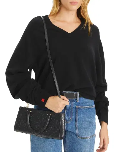 Tory Burch Women's Small T Monogram Embossed Leather Top Handle Bag - Black | Thumbnail 2 Tory Burch Women's Small T Monogram Embossed Leather Top Handle Bag - Black | Thumbnail 2