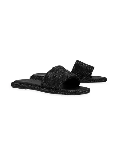 Tory Burch Women's Double-T Pavé Leather Slides - Perfect Black Sandals | Thumbnail 2 Tory Burch Women's Double-T Pavé Leather Slides - Perfect Black Sandals | Thumbnail 2