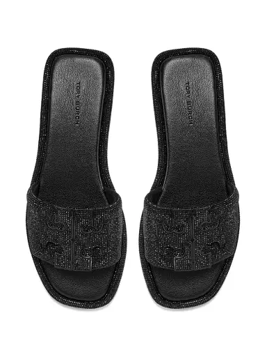 Tory Burch Women's Double-T Pavé Leather Slides - Perfect Black Sandals | Thumbnail 3 Tory Burch Women's Double-T Pavé Leather Slides - Perfect Black Sandals | Thumbnail 3
