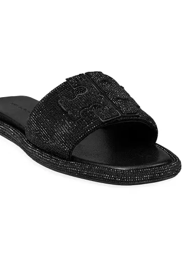Tory Burch Women's Double-T Pavé Leather Slides - Perfect Black Sandals | Thumbnail 4 Tory Burch Women's Double-T Pavé Leather Slides - Perfect Black Sandals | Thumbnail 4