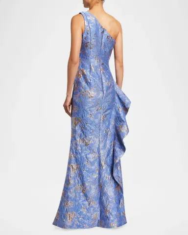 Rickie Freeman for Teri Jon Metallic Jacquard One-Shoulder Side-Ruffle Gown | Thumbnail 2 Rickie Freeman for Teri Jon Metallic Jacquard One-Shoulder Side-Ruffle Gown | Thumbnail 2
