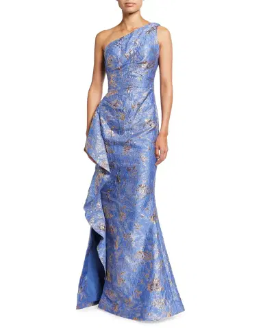 Rickie Freeman for Teri Jon Metallic Jacquard One-Shoulder Side-Ruffle Gown | Thumbnail 1 Rickie Freeman for Teri Jon Metallic Jacquard One-Shoulder Side-Ruffle Gown | Thumbnail 1