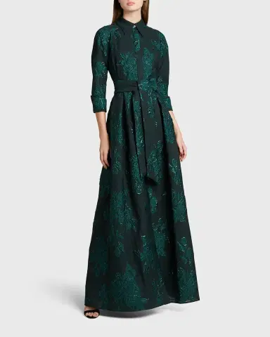 Rickie Freeman for Teri Jon Belted Jacquard Shirtdress Gown | Thumbnail 4 Rickie Freeman for Teri Jon Belted Jacquard Shirtdress Gown | Thumbnail 4