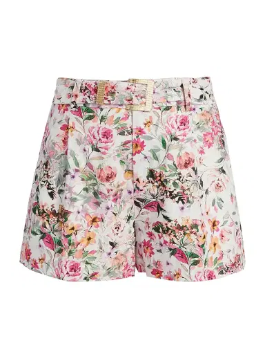 Generation Love Women's Glenn Floral Linen-Blend Belted Tailored Shorts - Zesty Floral White Pink | Thumbnail 1 Generation Love Women's Glenn Floral Linen-Blend Belted Tailored Shorts - Zesty Floral White Pink | Thumbnail 1