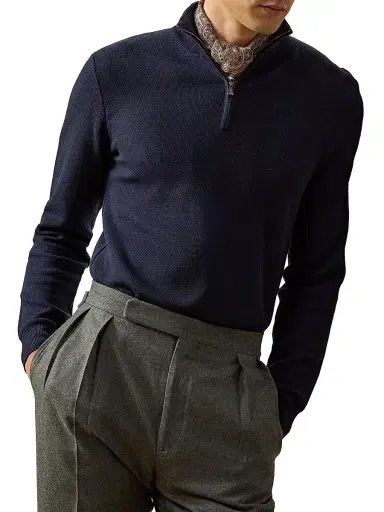 Ralph Lauren Purple Label Men's Piqué-Knit Wool Quarter-Zip Sweater - Classic Chairman Navy | Thumbnail 3 Ralph Lauren Purple Label Men's Piqué-Knit Wool Quarter-Zip Sweater - Classic Chairman Navy | Thumbnail 3
