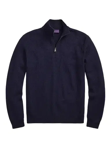 Ralph Lauren Purple Label Men's Piqué-Knit Wool Quarter-Zip Sweater - Classic Chairman Navy | Thumbnail 1 Ralph Lauren Purple Label Men's Piqué-Knit Wool Quarter-Zip Sweater - Classic Chairman Navy | Thumbnail 1