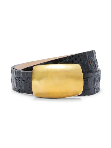 L'AGENCE Women's Milou Croc-Embossed Leather Belt - Black And Gold | Thumbnail 2 L'AGENCE Women's Milou Croc-Embossed Leather Belt - Black And Gold | Thumbnail 2