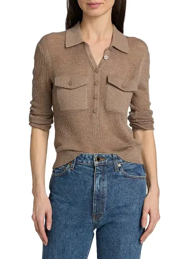 L'Agence Women's Carine Pointelle-Knit Collared Sweater - Mushroom - Size XXL | Thumbnail 3 L'Agence Women's Carine Pointelle-Knit Collared Sweater - Mushroom - Size XXL | Thumbnail 3