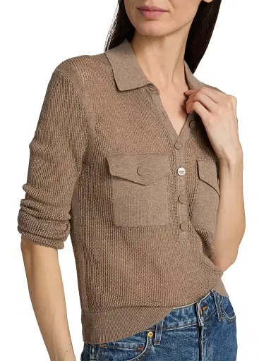 L'Agence Women's Carine Pointelle-Knit Collared Sweater - Mushroom - Size XXL | Thumbnail 6 L'Agence Women's Carine Pointelle-Knit Collared Sweater - Mushroom - Size XXL | Thumbnail 6