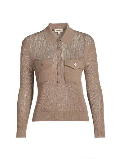 L'Agence Women's Carine Pointelle-Knit Collared Sweater - Mushroom - Size XXL | Thumbnail 1 L'Agence Women's Carine Pointelle-Knit Collared Sweater - Mushroom - Size XXL | Thumbnail 1