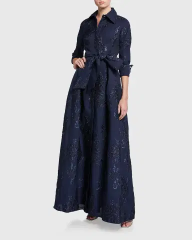 Rickie Freeman for Teri Jon Belted Jacquard Shirtdress Gown | Thumbnail 2 Rickie Freeman for Teri Jon Belted Jacquard Shirtdress Gown | Thumbnail 2