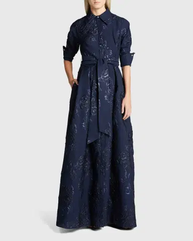 Rickie Freeman for Teri Jon Belted Jacquard Shirtdress Gown | Thumbnail 4 Rickie Freeman for Teri Jon Belted Jacquard Shirtdress Gown | Thumbnail 4