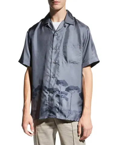 Brioni Men's Roman Tree-Print Silk Camp Shirt | Thumbnail 4 Brioni Men's Roman Tree-Print Silk Camp Shirt | Thumbnail 4