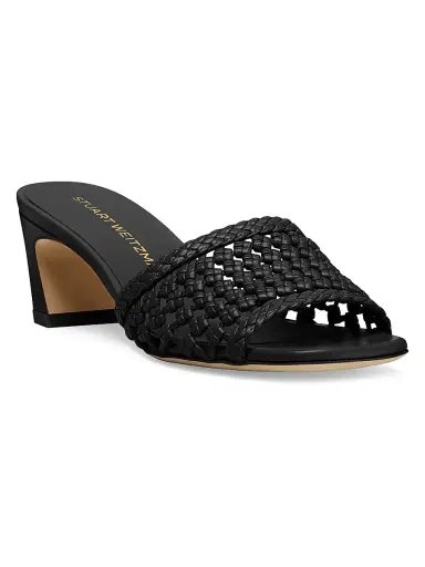 Stuart Weitzman Women's Marina 50MM Woven-Leather Block-Heel Sandals - Black | Thumbnail 2 Stuart Weitzman Women's Marina 50MM Woven-Leather Block-Heel Sandals - Black | Thumbnail 2