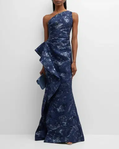 Rickie Freeman for Teri Jon Metallic Jacquard One-Shoulder Side-Ruffle Gown | Thumbnail 2 Rickie Freeman for Teri Jon Metallic Jacquard One-Shoulder Side-Ruffle Gown | Thumbnail 2