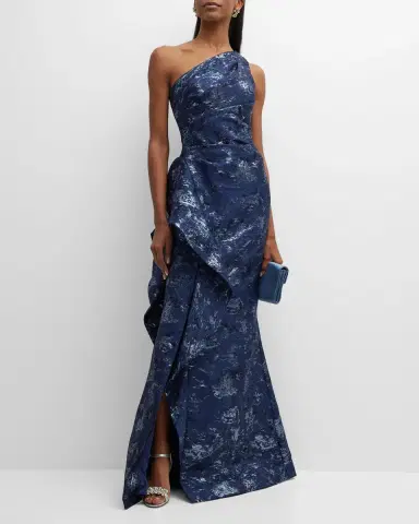 Rickie Freeman for Teri Jon Metallic Jacquard One-Shoulder Side-Ruffle Gown | Thumbnail 3 Rickie Freeman for Teri Jon Metallic Jacquard One-Shoulder Side-Ruffle Gown | Thumbnail 3