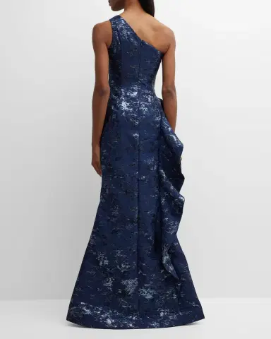 Rickie Freeman for Teri Jon Metallic Jacquard One-Shoulder Side-Ruffle Gown | Thumbnail 4 Rickie Freeman for Teri Jon Metallic Jacquard One-Shoulder Side-Ruffle Gown | Thumbnail 4