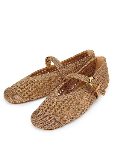 Stuart Weitzman Women's Leora Leather-Trim Crochet Mary Janes - Light Gold - Size 9.5 | Thumbnail 2 Stuart Weitzman Women's Leora Leather-Trim Crochet Mary Janes - Light Gold - Size 9.5 | Thumbnail 2