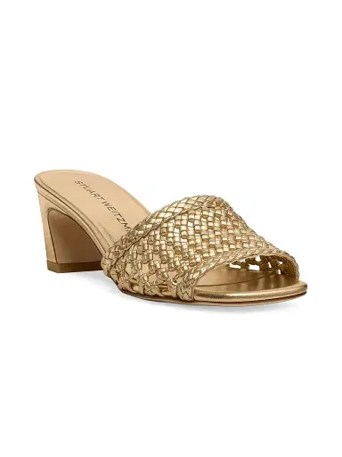 Stuart Weitzman Women's Marina 50MM Woven-Leather Block-Heel Sandals - Golden | Thumbnail 2 Stuart Weitzman Women's Marina 50MM Woven-Leather Block-Heel Sandals - Golden | Thumbnail 2