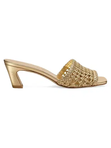 Stuart Weitzman Women's Marina 50MM Woven-Leather Block-Heel Sandals - Golden | Thumbnail 1 Stuart Weitzman Women's Marina 50MM Woven-Leather Block-Heel Sandals - Golden | Thumbnail 1