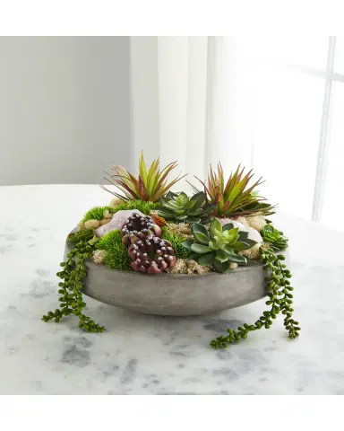 T & C Floral Company Concrete Bowl with Rose Quartz & Succulents | Thumbnail 2 T & C Floral Company Concrete Bowl with Rose Quartz & Succulents | Thumbnail 2