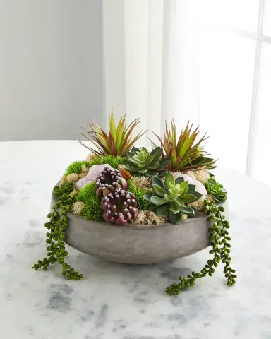 T & C Floral Company Concrete Bowl with Rose Quartz & Succulents | Thumbnail 1 T & C Floral Company Concrete Bowl with Rose Quartz & Succulents | Thumbnail 1