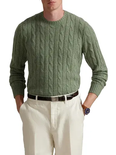 Polo Ralph Lauren Men's Cable-Knit Cashmere Crewneck Sweater - Fern Green Heather - Size XXL | Thumbnail 3 Polo Ralph Lauren Men's Cable-Knit Cashmere Crewneck Sweater - Fern Green Heather - Size XXL | Thumbnail 3