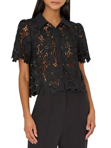 Milly Women's Addison Roja Lace Short-Sleeve Top - Black | Thumbnail 4 Milly Women's Addison Roja Lace Short-Sleeve Top - Black | Thumbnail 4