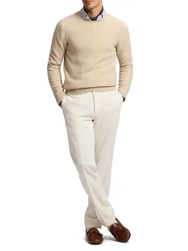 Ralph Lauren Purple Label Men's Textured Herringbone Cashmere Sweater - Champagne Melange | Thumbnail 2 Ralph Lauren Purple Label Men's Textured Herringbone Cashmere Sweater - Champagne Melange | Thumbnail 2