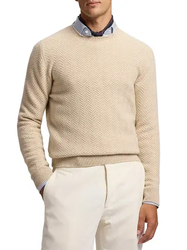 Ralph Lauren Purple Label Men's Textured Herringbone Cashmere Sweater - Champagne Melange | Thumbnail 3 Ralph Lauren Purple Label Men's Textured Herringbone Cashmere Sweater - Champagne Melange | Thumbnail 3