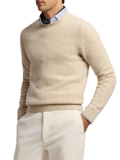 Ralph Lauren Purple Label Men's Textured Herringbone Cashmere Sweater - Champagne Melange | Thumbnail 4 Ralph Lauren Purple Label Men's Textured Herringbone Cashmere Sweater - Champagne Melange | Thumbnail 4