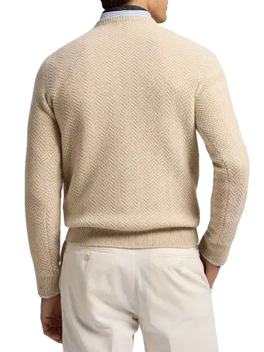 Ralph Lauren Purple Label Men's Textured Herringbone Cashmere Sweater - Champagne Melange | Thumbnail 5 Ralph Lauren Purple Label Men's Textured Herringbone Cashmere Sweater - Champagne Melange | Thumbnail 5