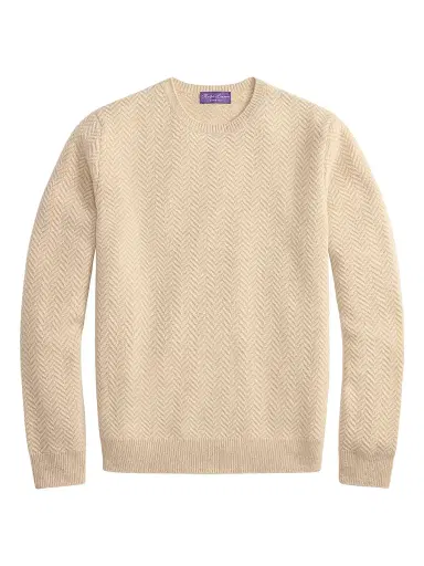 Ralph Lauren Purple Label Men's Textured Herringbone Cashmere Sweater - Champagne Melange | Thumbnail 1 Ralph Lauren Purple Label Men's Textured Herringbone Cashmere Sweater - Champagne Melange | Thumbnail 1