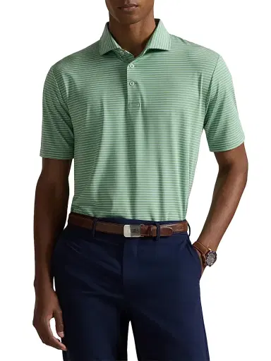 RLX Ralph Lauren Men's Striped Lightweight Airflow Knit Polo Shirt - Outback Green Office Blue - Size Medium | Thumbnail 3 RLX Ralph Lauren Men's Striped Lightweight Airflow Knit Polo Shirt - Outback Green Office Blue - Size Medium | Thumbnail 3