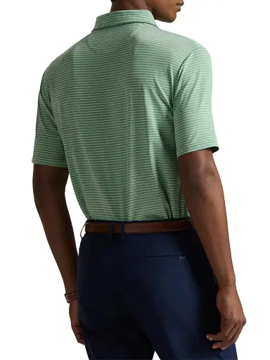 RLX Ralph Lauren Men's Striped Lightweight Airflow Knit Polo Shirt - Outback Green Office Blue - Size Medium | Thumbnail 4 RLX Ralph Lauren Men's Striped Lightweight Airflow Knit Polo Shirt - Outback Green Office Blue - Size Medium | Thumbnail 4