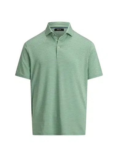 RLX Ralph Lauren Men's Striped Lightweight Airflow Knit Polo Shirt - Outback Green Office Blue - Size Medium | Thumbnail 1 RLX Ralph Lauren Men's Striped Lightweight Airflow Knit Polo Shirt - Outback Green Office Blue - Size Medium | Thumbnail 1