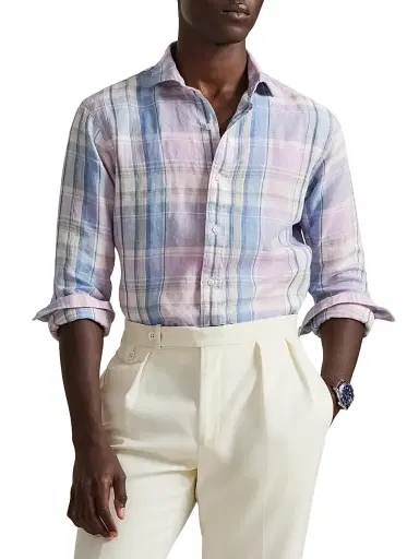 Polo Ralph Lauren Men's Slubby Linen Plaid Shirt - Pink Blue Multi | Thumbnail 3 Polo Ralph Lauren Men's Slubby Linen Plaid Shirt - Pink Blue Multi | Thumbnail 3