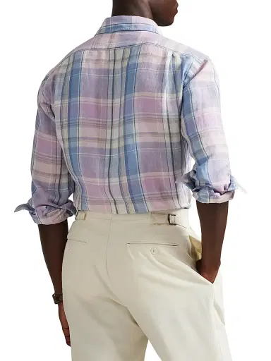 Polo Ralph Lauren Men's Slubby Linen Plaid Shirt - Pink Blue Multi | Thumbnail 4 Polo Ralph Lauren Men's Slubby Linen Plaid Shirt - Pink Blue Multi | Thumbnail 4